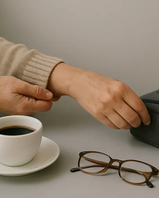 Après le soin : une tasse de café, des lunettes, la sacoche qu'on referme.