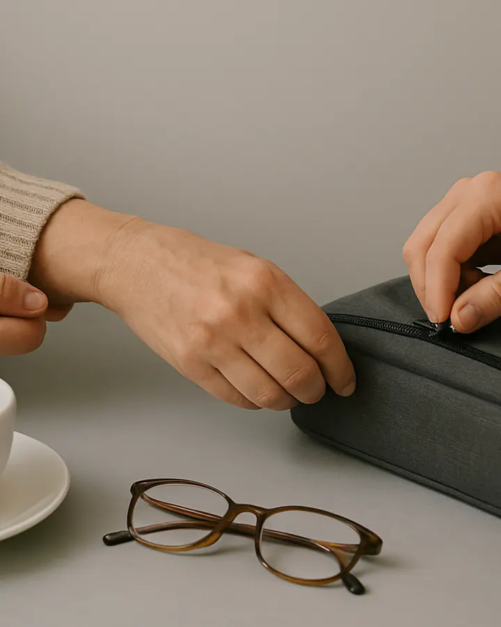 Après le soin, une main referme la sacoche sur la table, à côté d’une tasse de café