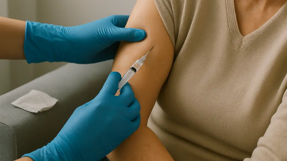 Une injection dans le haut du bras, les mains en gants bleus.