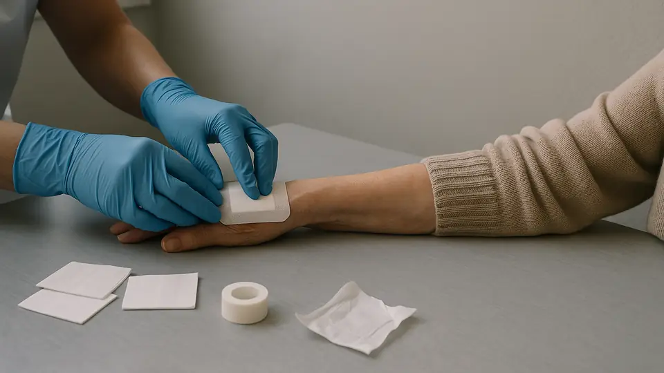 Un pansement posé sur le dos d'une main, compresses et sparadrap sur la table.