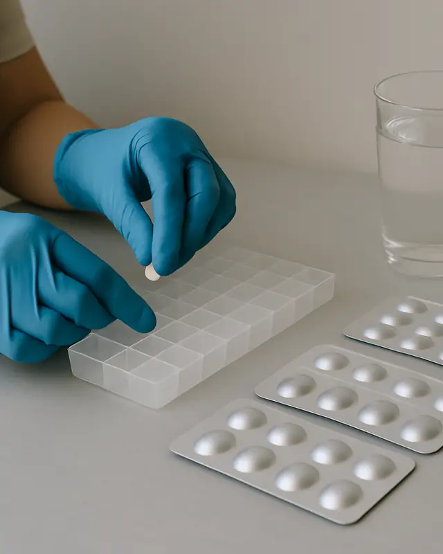Des gants bleus remplissent un pilulier à côté de plaquettes de comprimés et d'un verre d'eau.