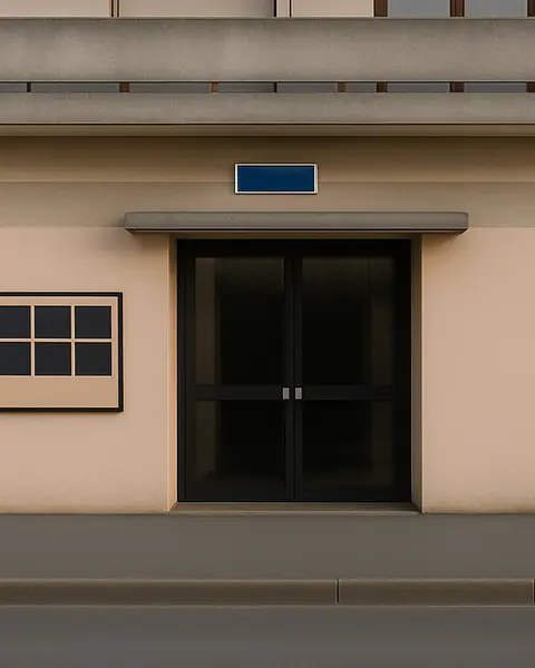 L'entrée du 307 : une porte vitrée sombre sous un auvent, une petite plaque bleue au-dessus, un enduit beige rosé.