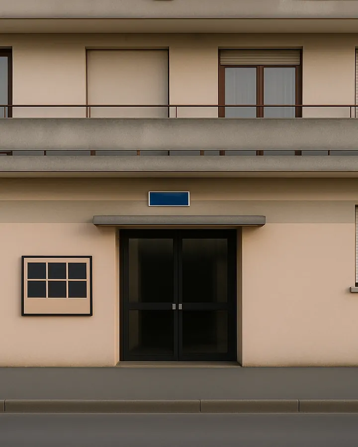 La façade du 307, la porte vitrée sombre et la plaque bleue au-dessus
