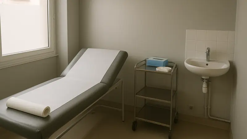 La salle de soins : un fauteuil d'examen, un chariot, un lavabo, une fenêtre.