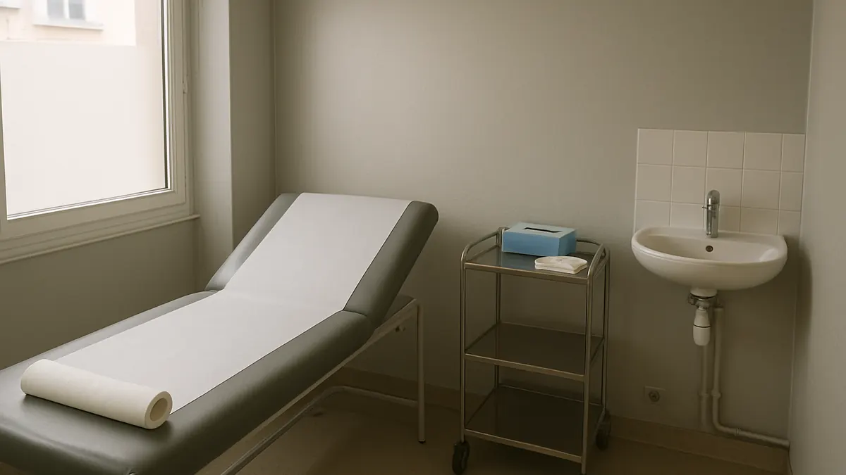 La salle de soins, une table d’examen, un chariot et un lavabo