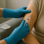 Une injection sous la peau, gants bleus