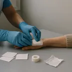 Des mains gantées de bleu posent un pansement