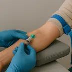 Un garrot bleu et un tube sur un avant-bras