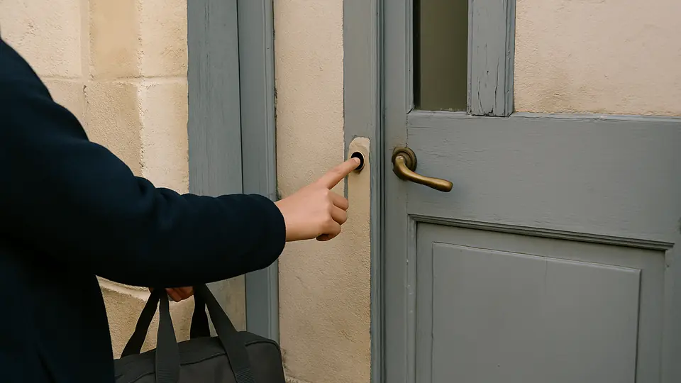 Une main sonne à une porte grise, une sacoche noire à l'épaule.