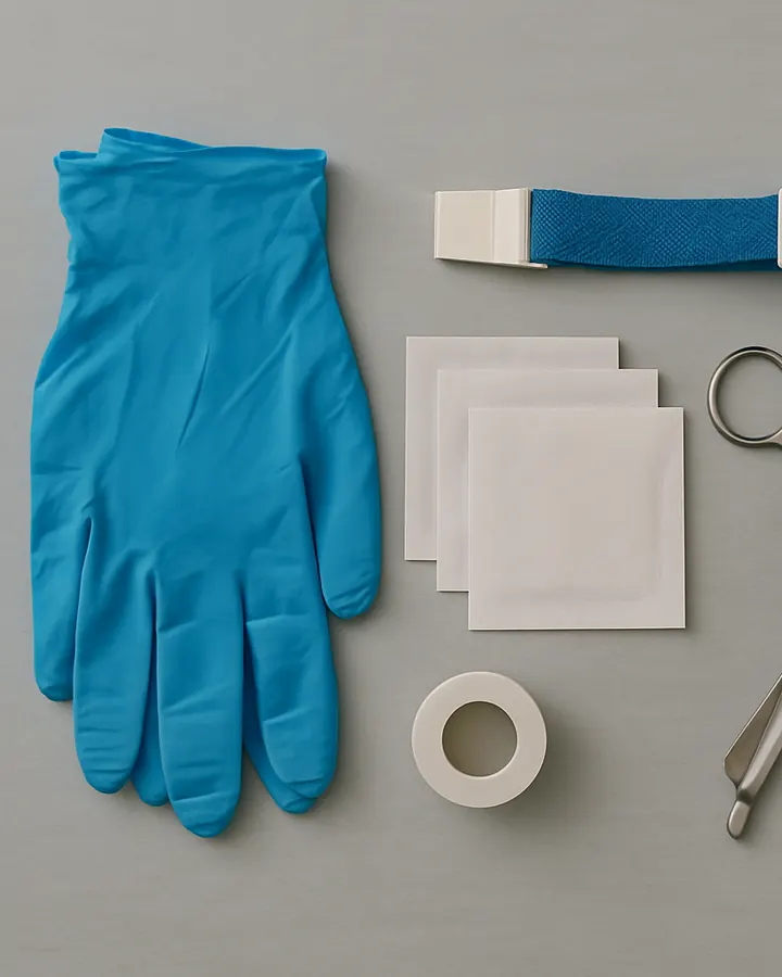 Le matériel à plat : gants bleus, garrot, compresses, ciseaux, sparadrap, coton