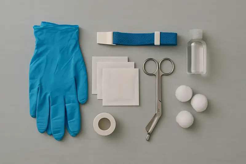 La trousse à plat : gants bleus, garrot, compresses, ciseaux, sparadrap, coton, gel.